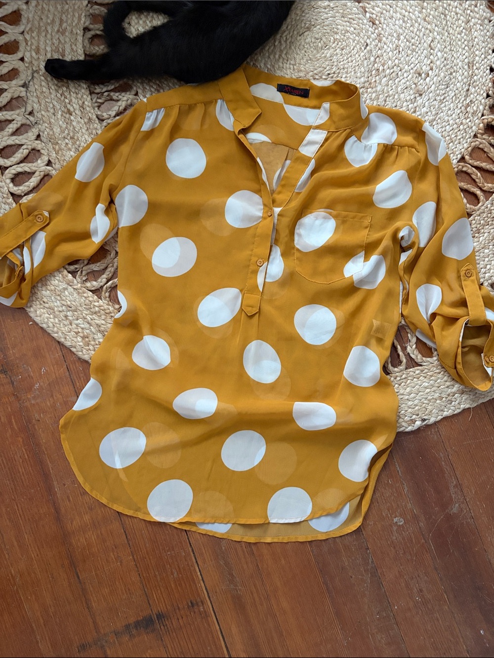 Xtaren Mustard Yellow Polka Dot Split-Neck Blouse
